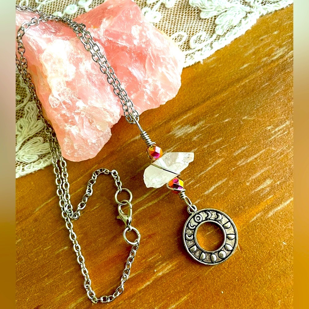✨NEW Handmade Phases of the Moon Wire Wrapped Quartz Crystal Pendant Necklace